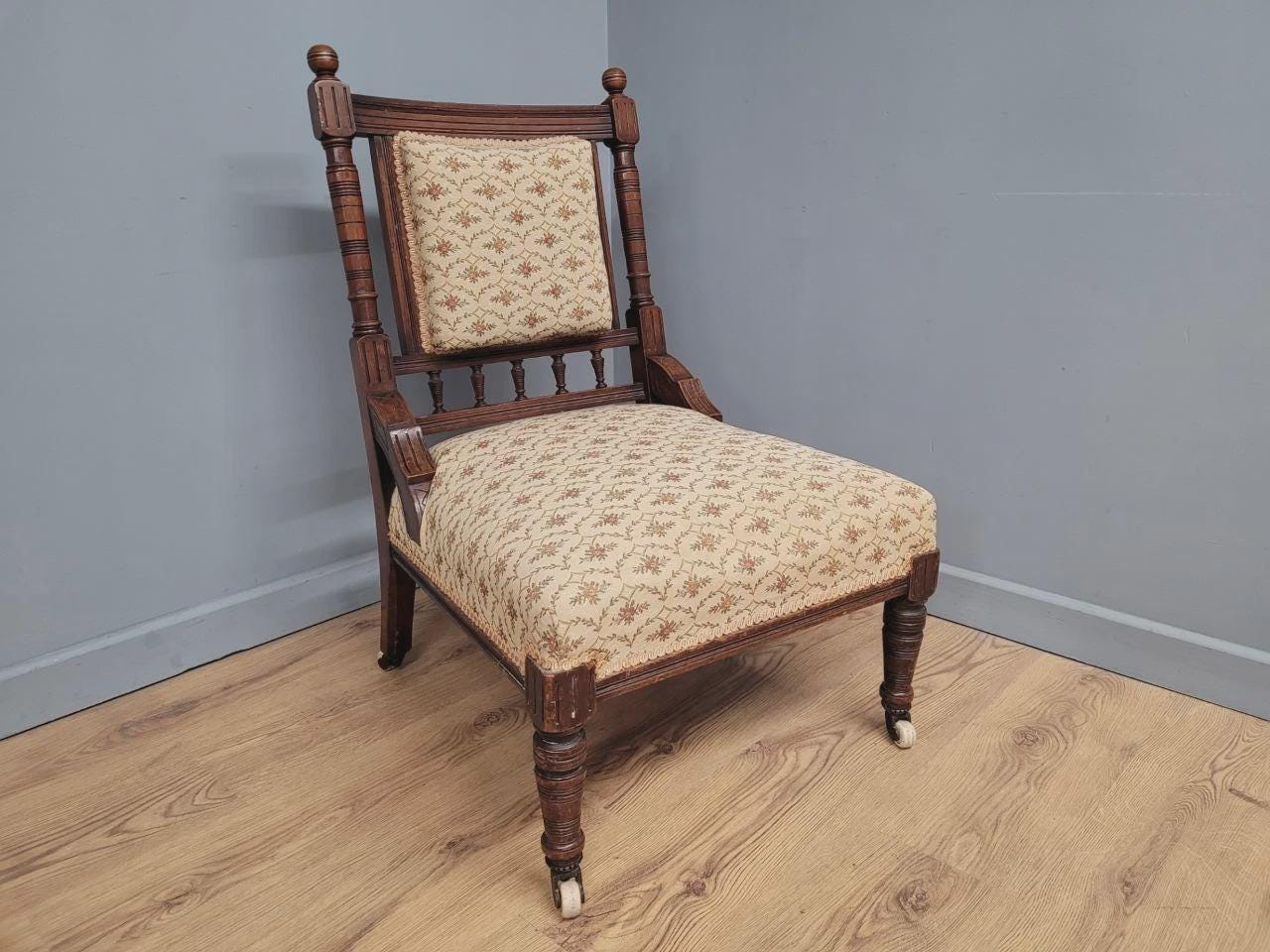 Edwardian Armchair Mahogany Open Arm Turned Legs Castors Upholstered