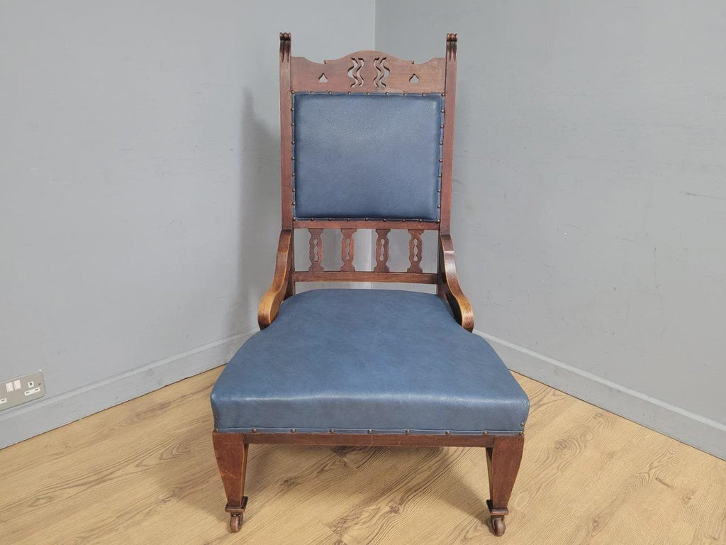Edwardian Armchair Mahogany High Back Pierced Detail Castors Upholstered