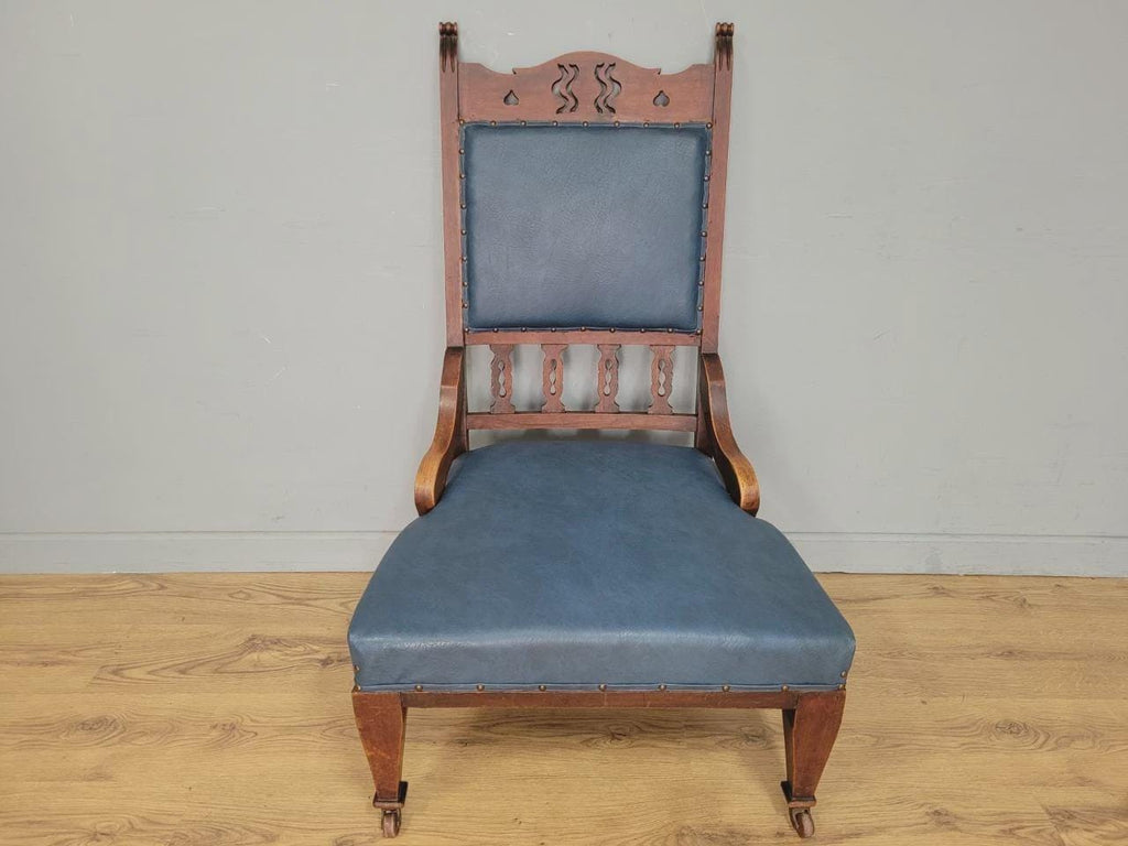 Edwardian Armchair Mahogany High Back Pierced Detail Castors Upholstered