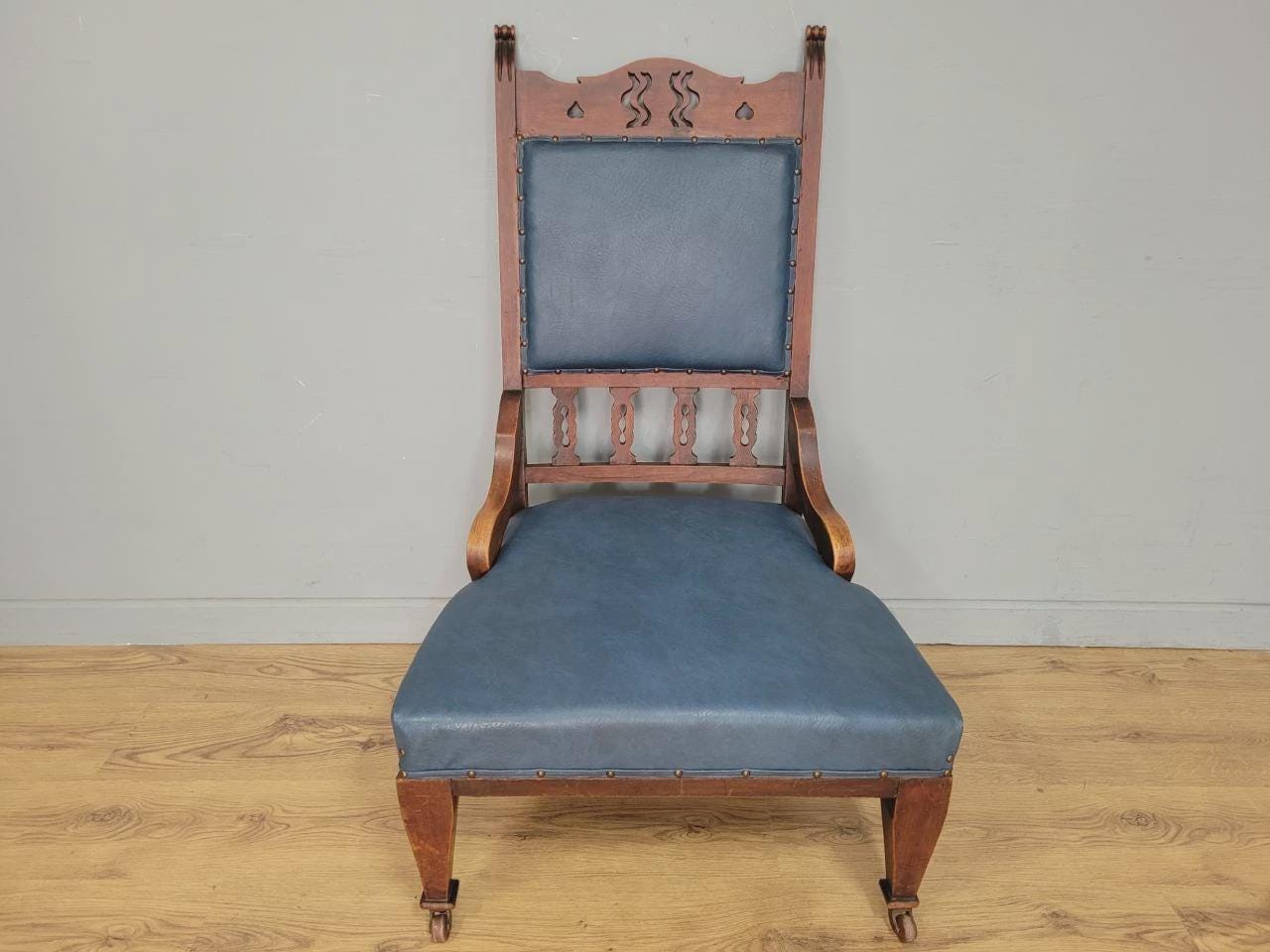 Edwardian Armchair Mahogany High Back Pierced Detail Castors Upholstered