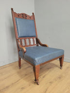 Edwardian Armchair Mahogany High Back Pierced Detail Castors Upholstered