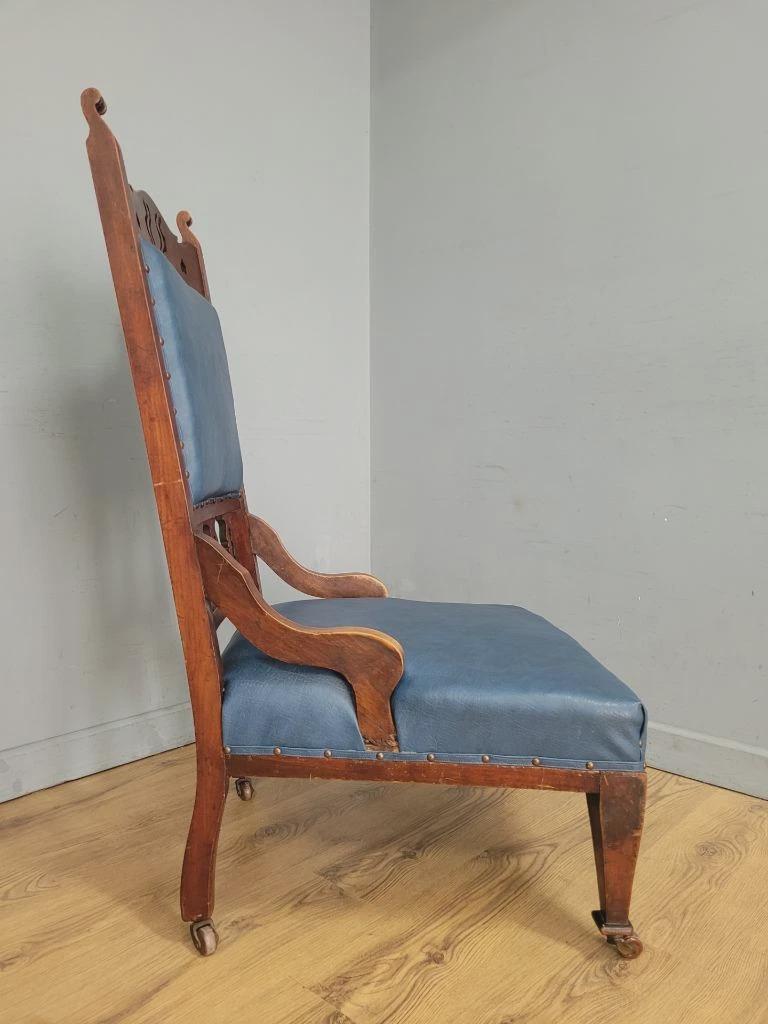 Edwardian Armchair Mahogany High Back Pierced Detail Castors Upholstered