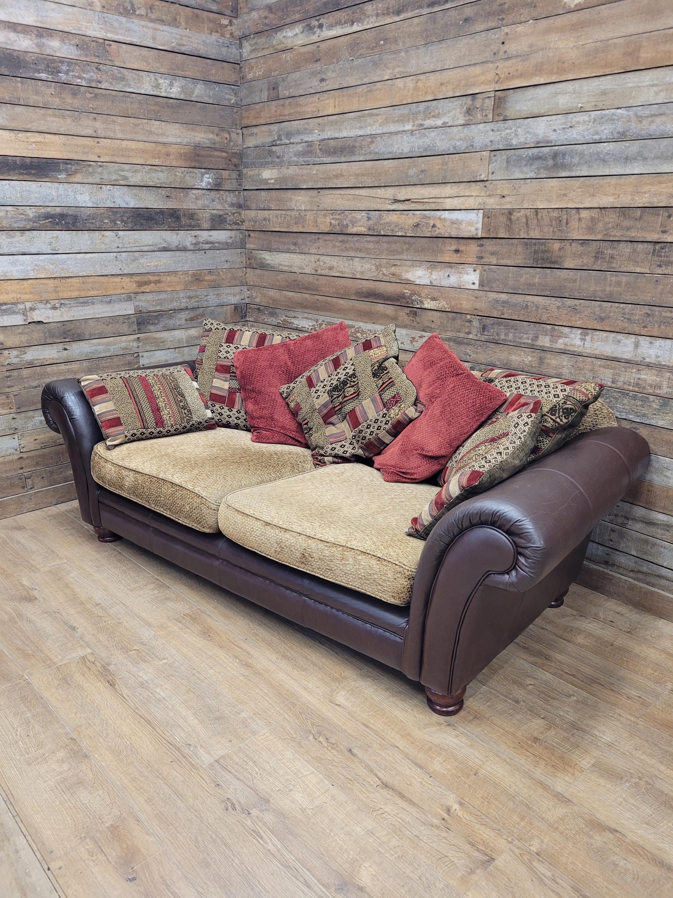 DFS Perez 3 Seater Brown Leather Sofa Scroll Arm Chunky Lounge