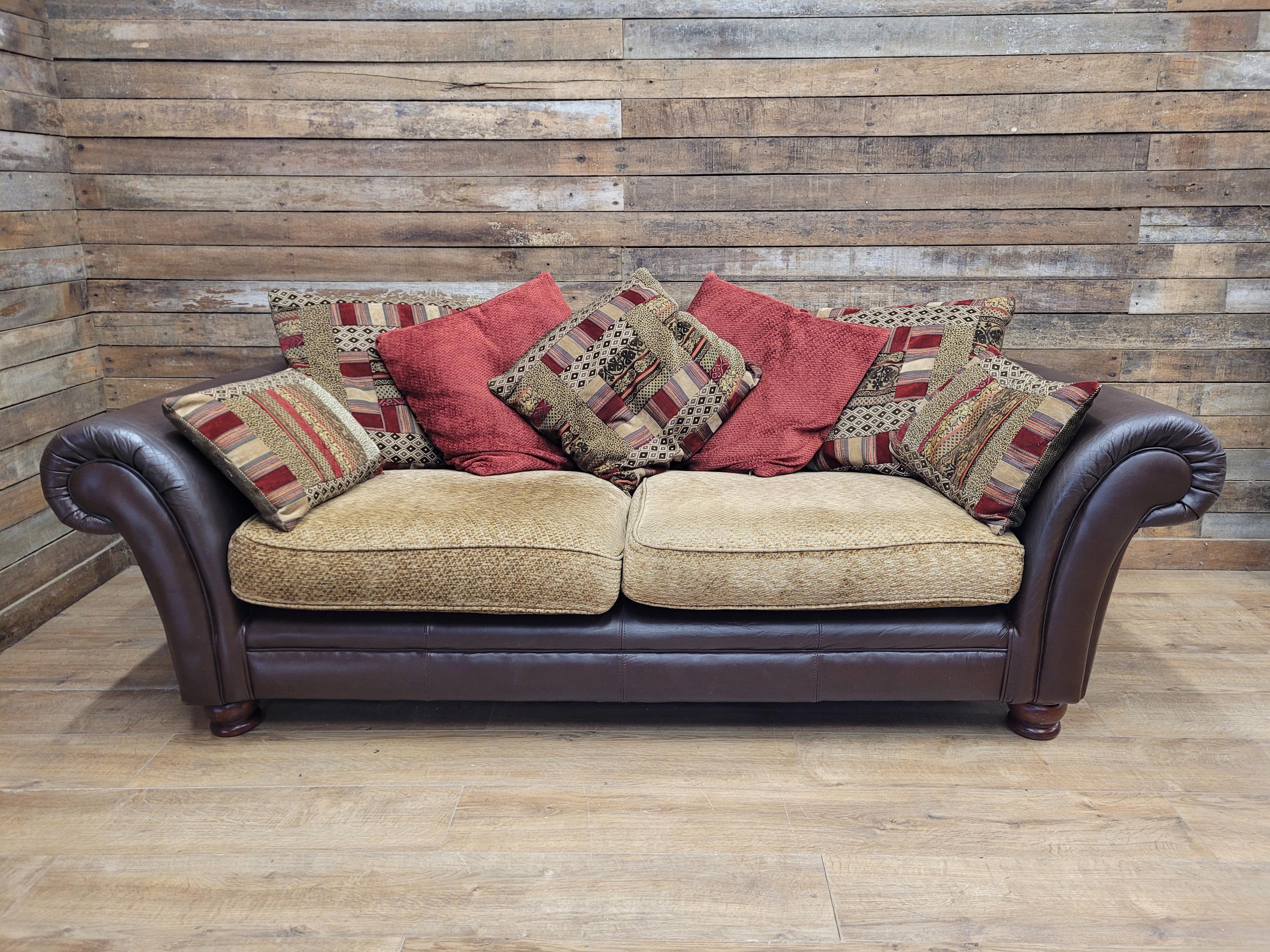 DFS Perez 3 Seater Brown Leather Sofa Scroll Arm Chunky Lounge