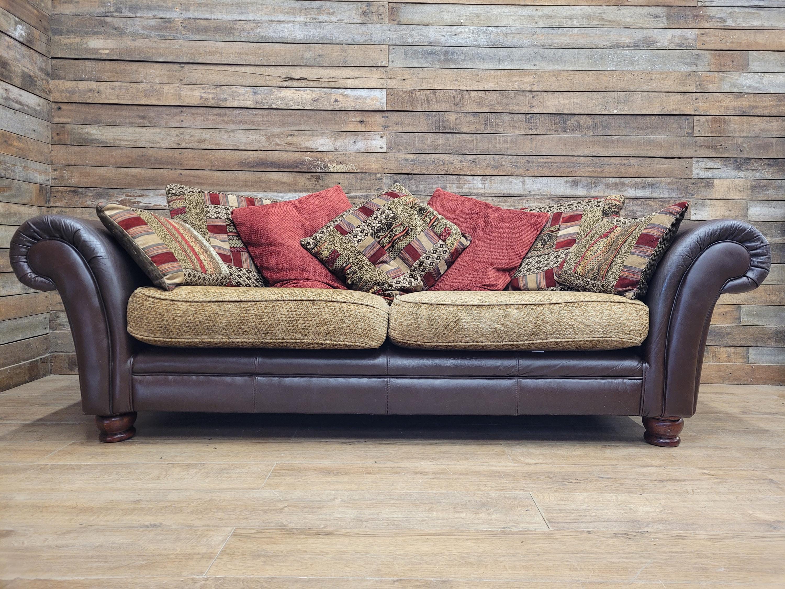 DFS Perez 3 Seater Brown Leather Sofa Scroll Arm Chunky Lounge