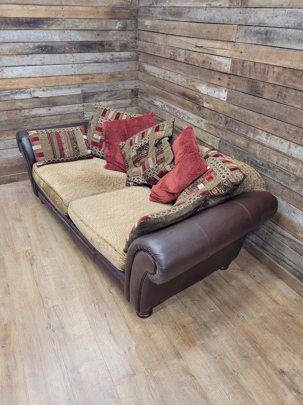 DFS Perez 3 Seater Brown Leather Sofa Scroll Arm Chunky Lounge
