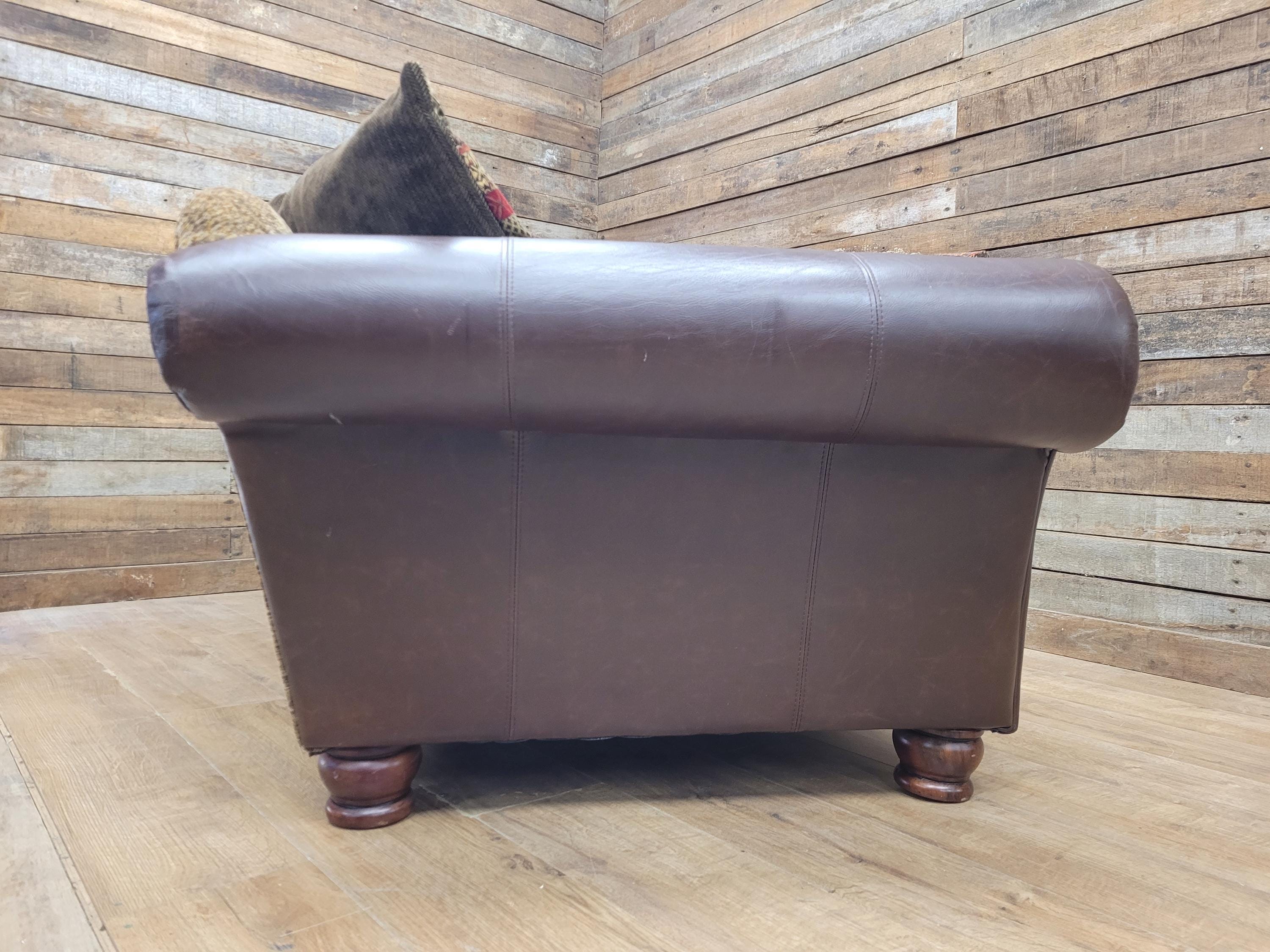 DFS Perez 3 Seater Brown Leather Sofa Scroll Arm Chunky Lounge
