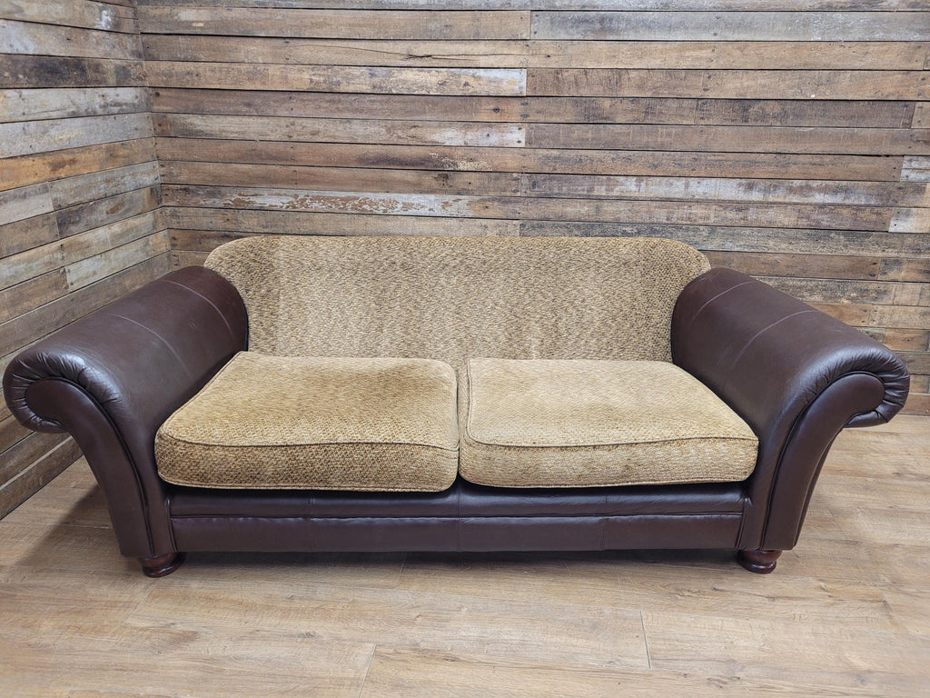 DFS Perez 3 Seater Brown Leather Sofa Scroll Arm Chunky Lounge