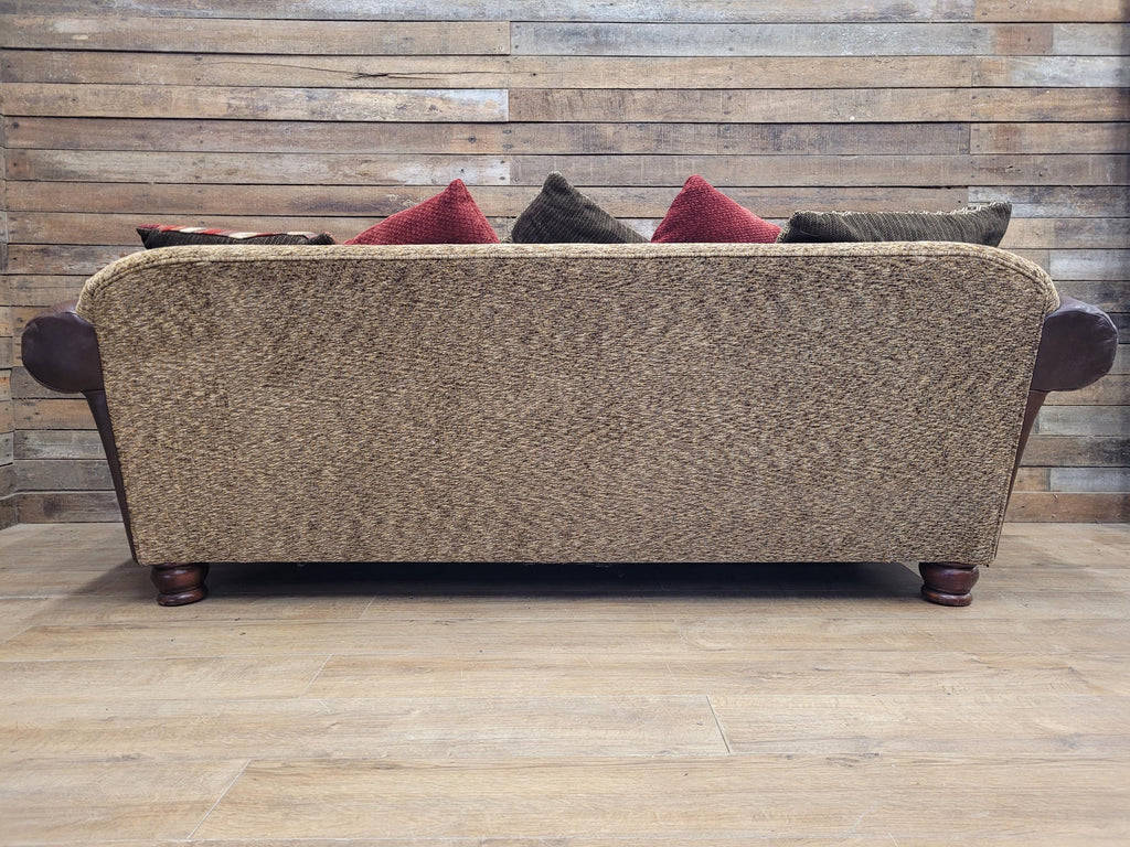 DFS Perez 3 Seater Brown Leather Sofa Scroll Arm Chunky Lounge
