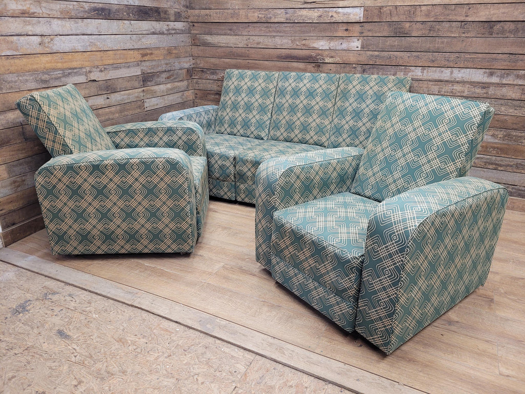 Geometric Fabric Art Deco Style Suite Vintage Sofa Armchairs Modular Sectional