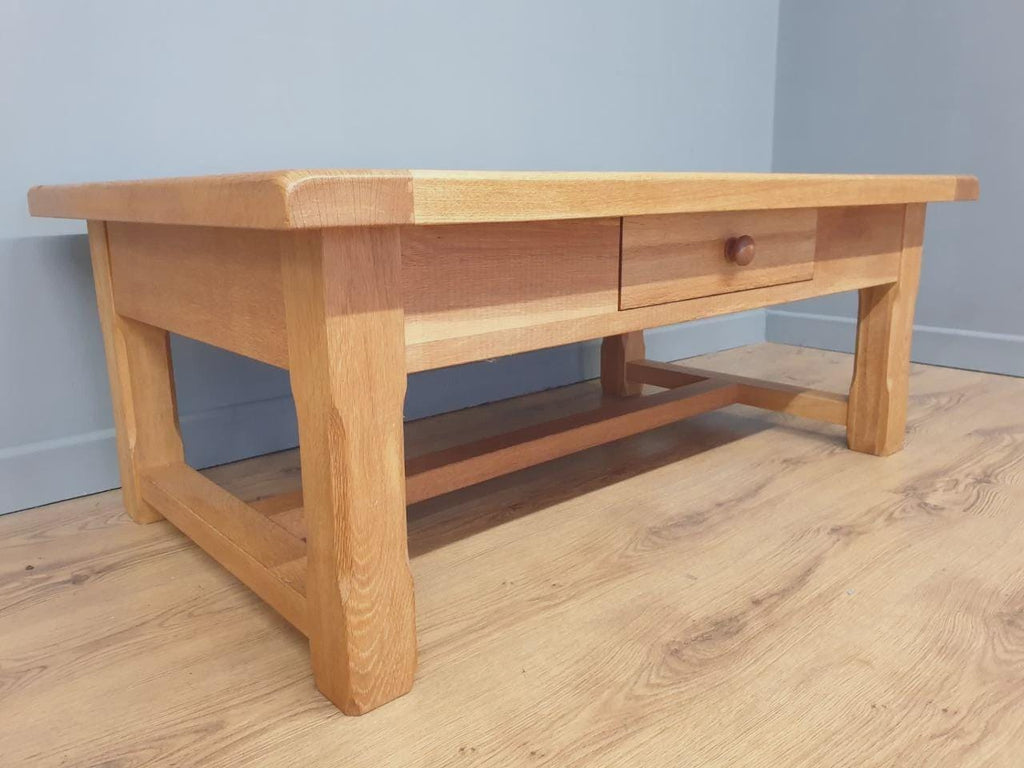 Blonde Oak Coffee Table Drawer Rustic Style Solid Wood Low Table