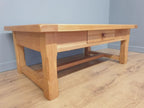 Blonde Oak Coffee Table Drawer Rustic Style Solid Wood Low Table