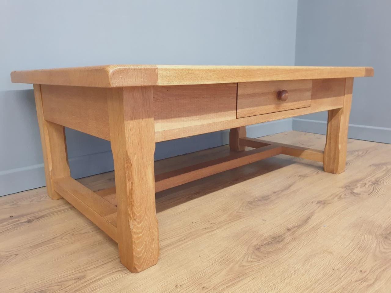 Blonde Oak Coffee Table Drawer Rustic Style Solid Wood Low Table