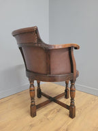Victorian Mahogany Horseshoe Armchair Faux Leather Wool Seat Antique
