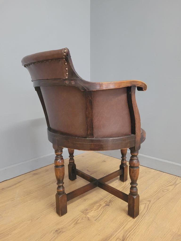 Victorian Mahogany Horseshoe Armchair Faux Leather Wool Seat Antique