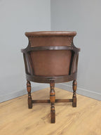 Victorian Mahogany Horseshoe Armchair Faux Leather Wool Seat Antique