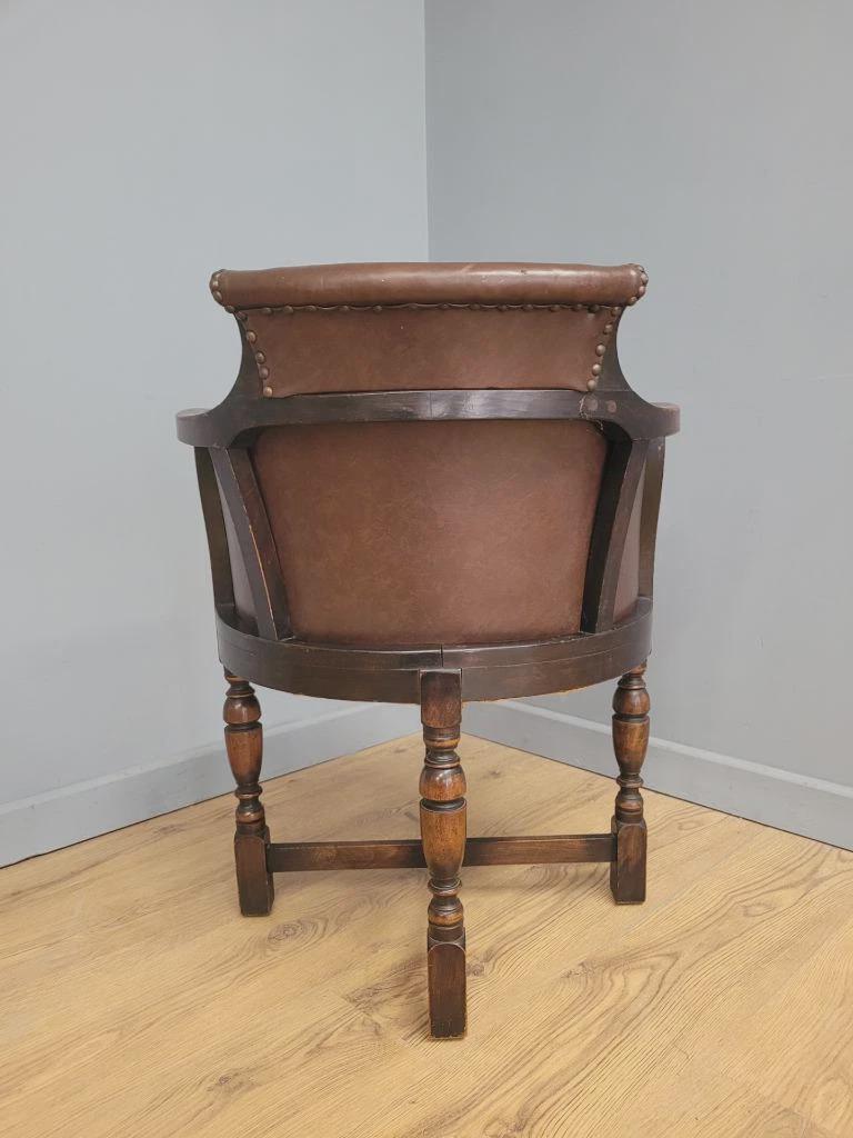 Victorian Mahogany Horseshoe Armchair Faux Leather Wool Seat Antique