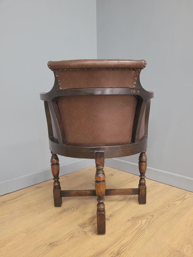 Victorian Mahogany Horseshoe Armchair Faux Leather Wool Seat Antique