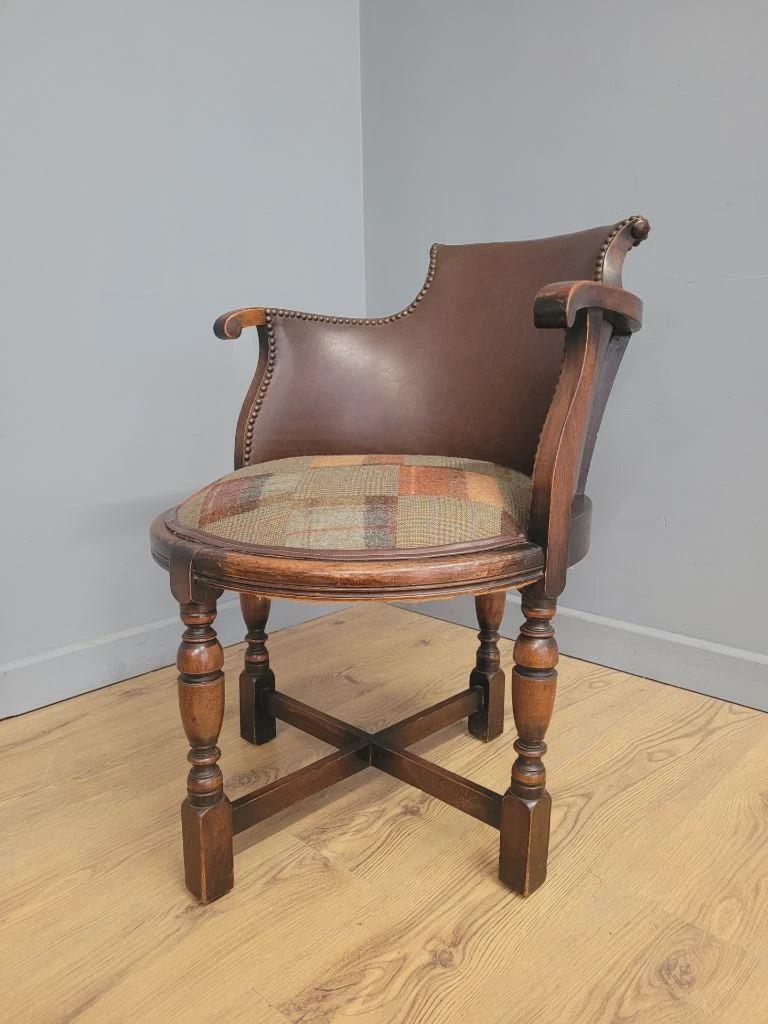 Victorian Mahogany Horseshoe Armchair Faux Leather Wool Seat Antique