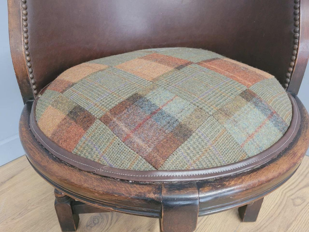 Victorian Mahogany Horseshoe Armchair Faux Leather Wool Seat Antique