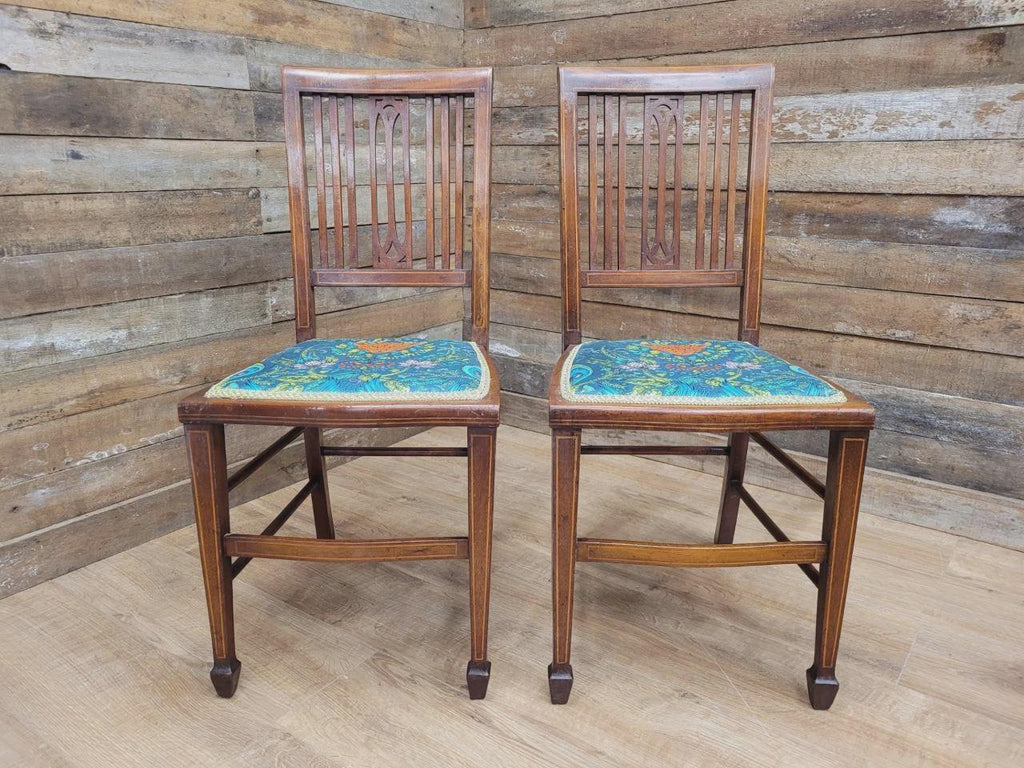 Pair Edwardian Mahogany Inlaid Dining Chairs Slat Back Upholstered Seats