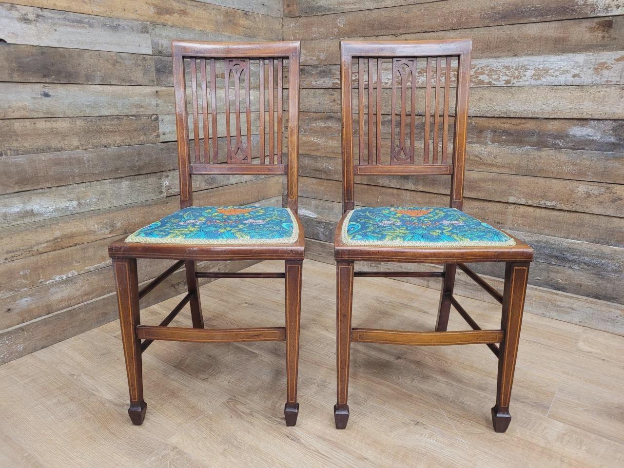 Pair Edwardian Mahogany Inlaid Dining Chairs Slat Back Upholstered Seats