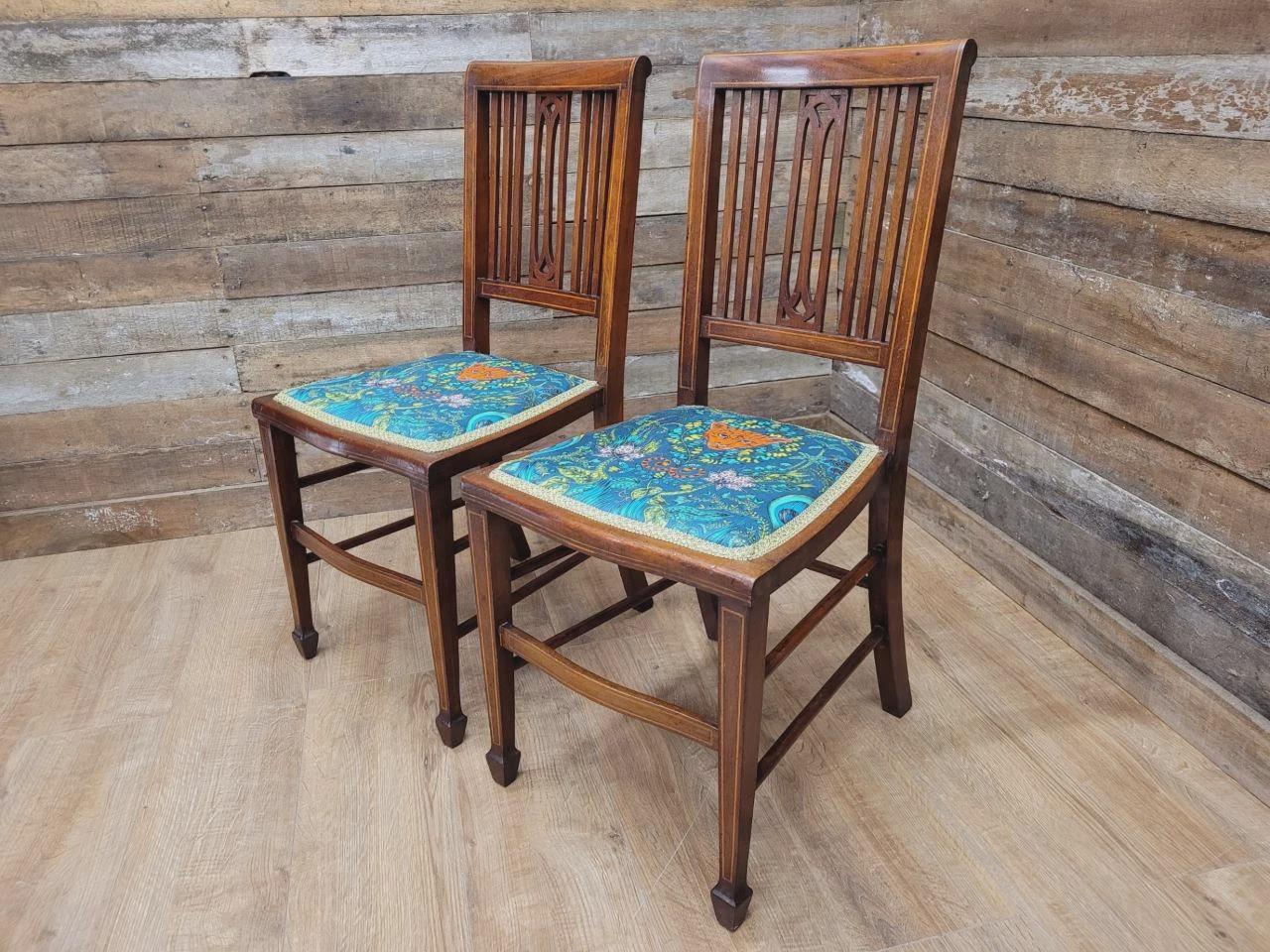 Pair Edwardian Mahogany Inlaid Dining Chairs Slat Back Upholstered Seats