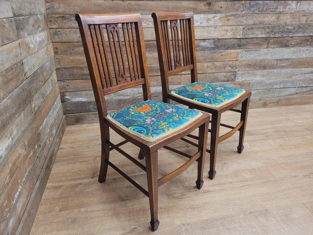 Pair Edwardian Mahogany Inlaid Dining Chairs Slat Back Upholstered Seats