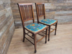 Pair Edwardian Mahogany Inlaid Dining Chairs Slat Back Upholstered Seats