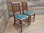 Pair Edwardian Mahogany Inlaid Dining Chairs Slat Back Upholstered Seats