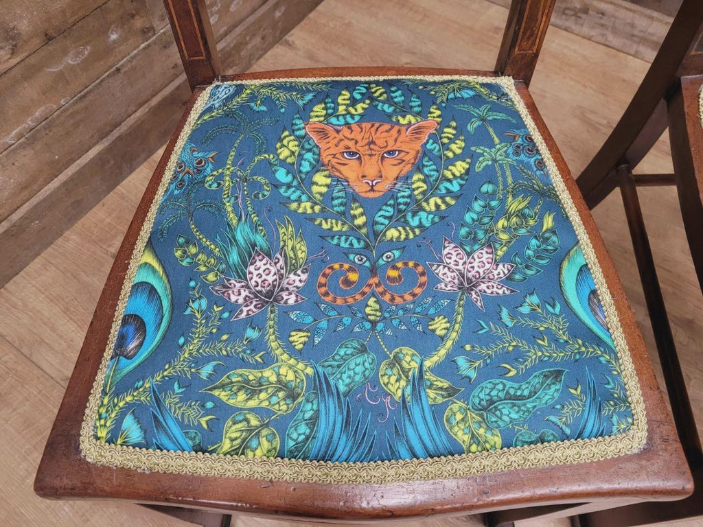 Pair Edwardian Mahogany Inlaid Dining Chairs Slat Back Upholstered Seats