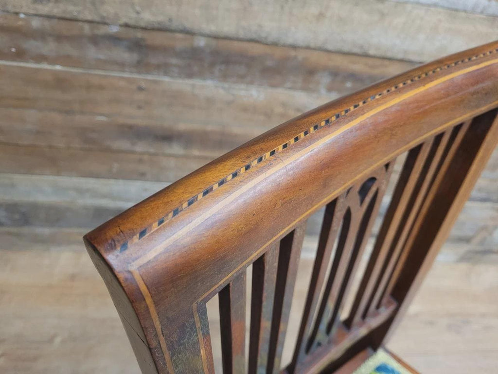 Pair Edwardian Mahogany Inlaid Dining Chairs Slat Back Upholstered Seats