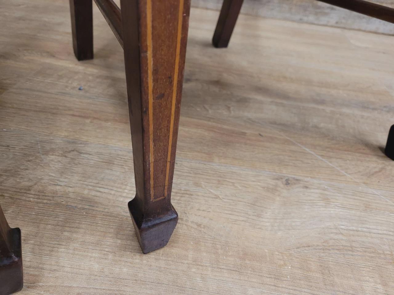 Pair Edwardian Mahogany Inlaid Dining Chairs Slat Back Upholstered Seats