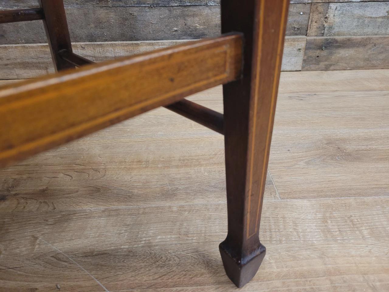 Pair Edwardian Mahogany Inlaid Dining Chairs Slat Back Upholstered Seats