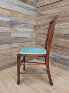 Pair Edwardian Mahogany Inlaid Dining Chairs Slat Back Upholstered Seats