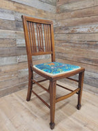 Pair Edwardian Mahogany Inlaid Dining Chairs Slat Back Upholstered Seats