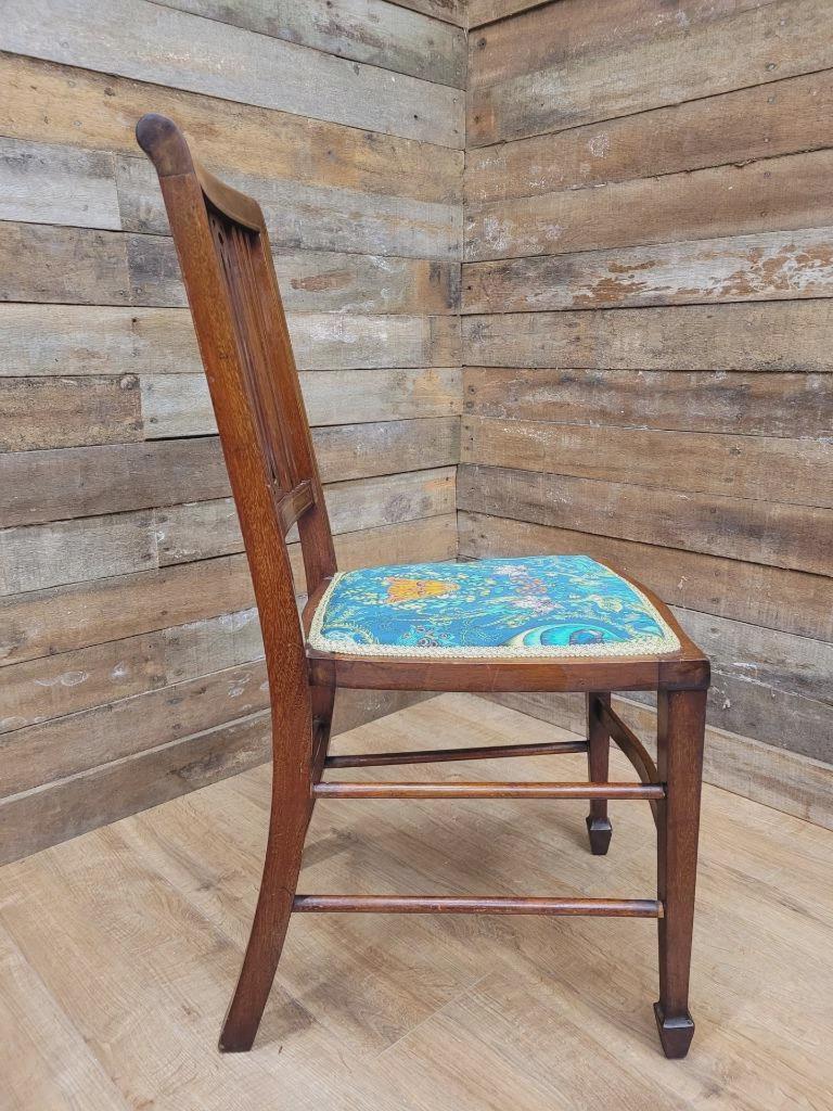 Pair Edwardian Mahogany Inlaid Dining Chairs Slat Back Upholstered Seats