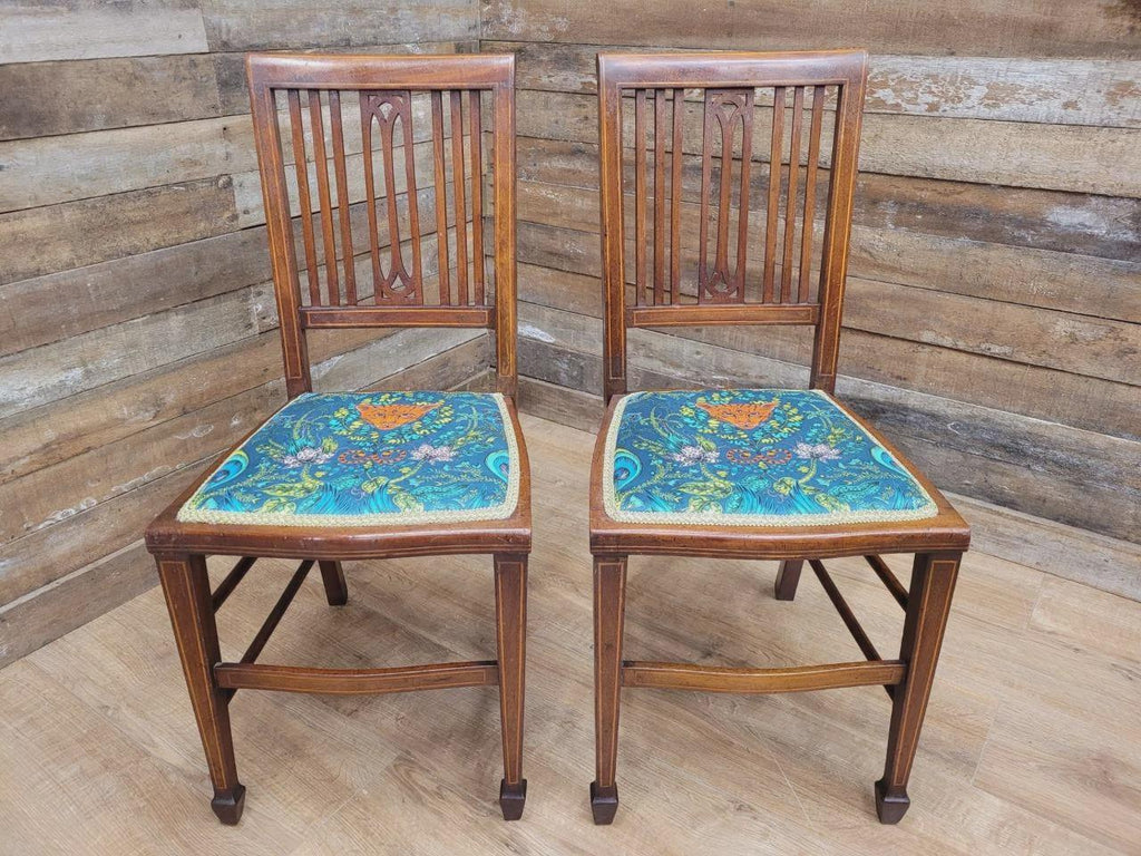 Pair Edwardian Mahogany Inlaid Dining Chairs Slat Back Upholstered Seats