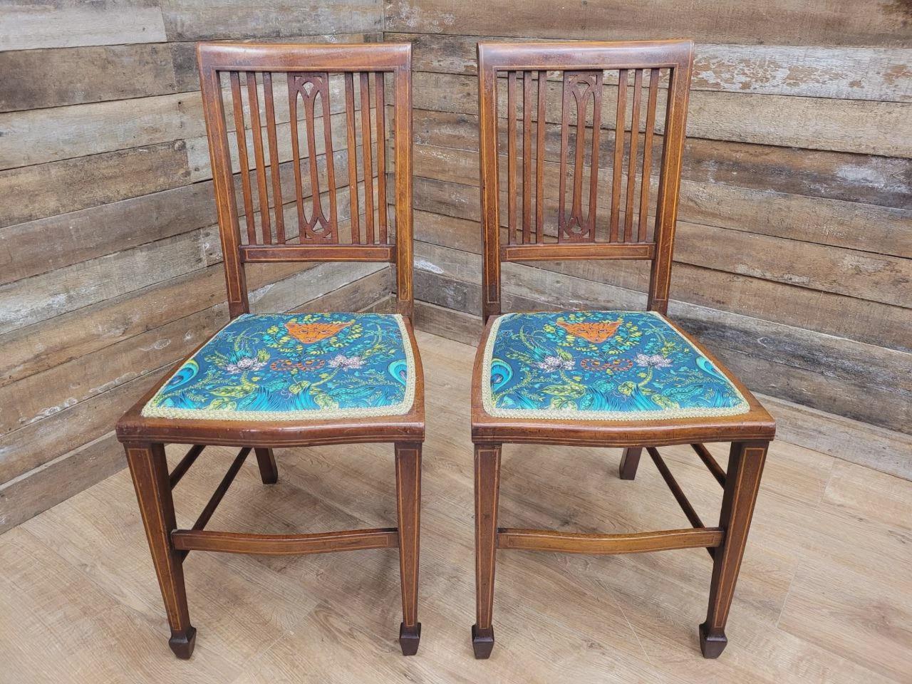 Pair Edwardian Mahogany Inlaid Dining Chairs Slat Back Upholstered Seats