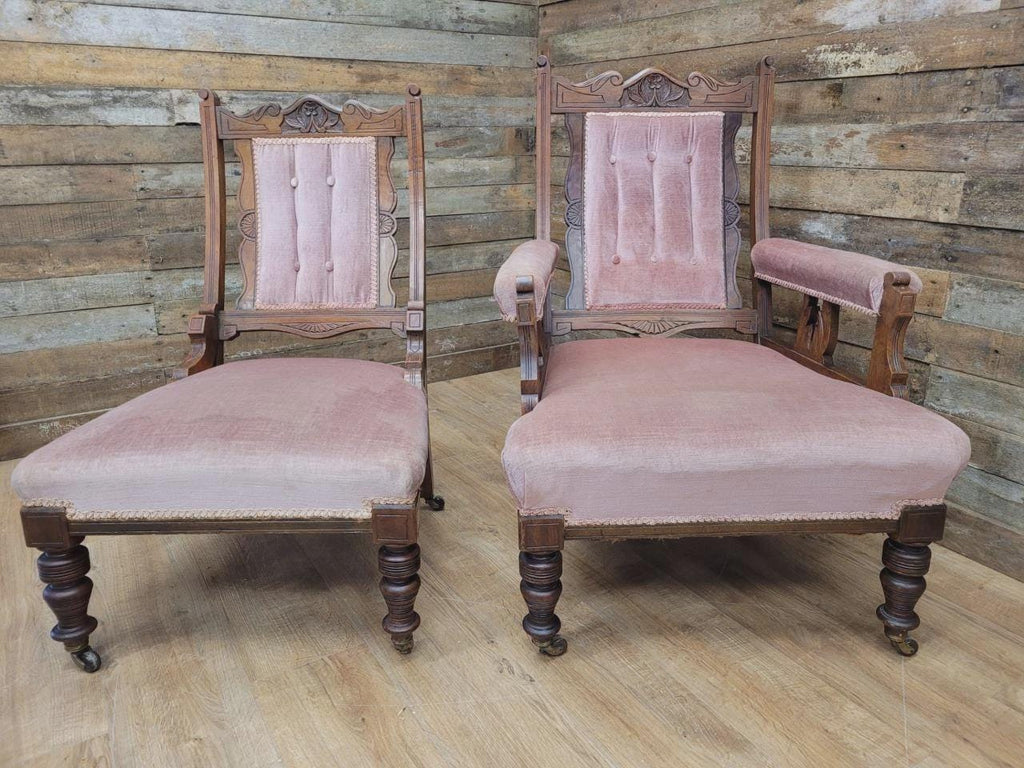 Pair Victorian Walnut Slipper Chairs Carved Frames Turned Legs Castors
