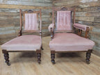 Pair Victorian Walnut Slipper Chairs Carved Frames Turned Legs Castors