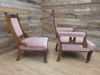 Pair Victorian Walnut Slipper Chairs Carved Frames Turned Legs Castors