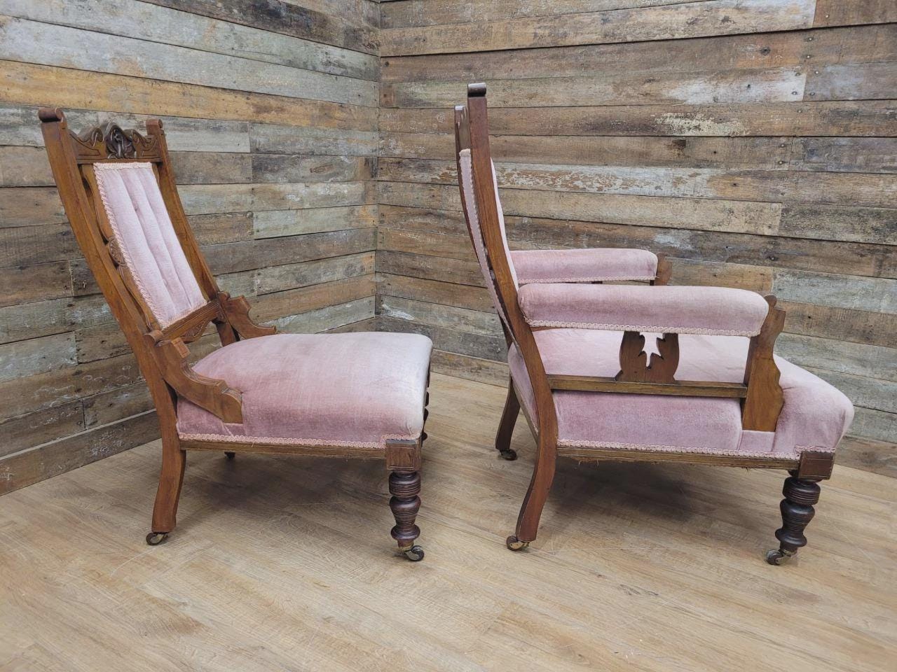 Pair Victorian Walnut Slipper Chairs Carved Frames Turned Legs Castors