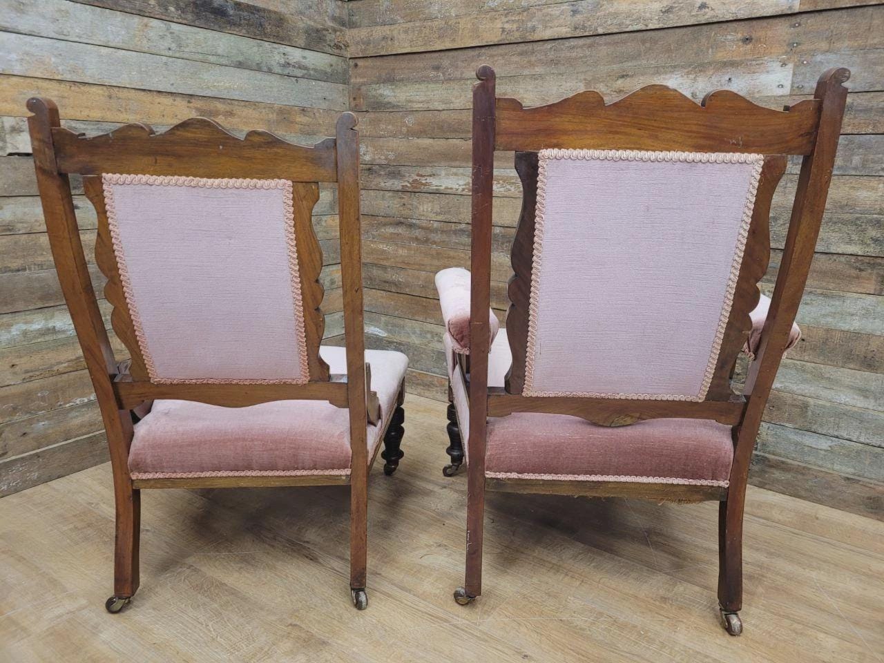 Pair Victorian Walnut Slipper Chairs Carved Frames Turned Legs Castors
