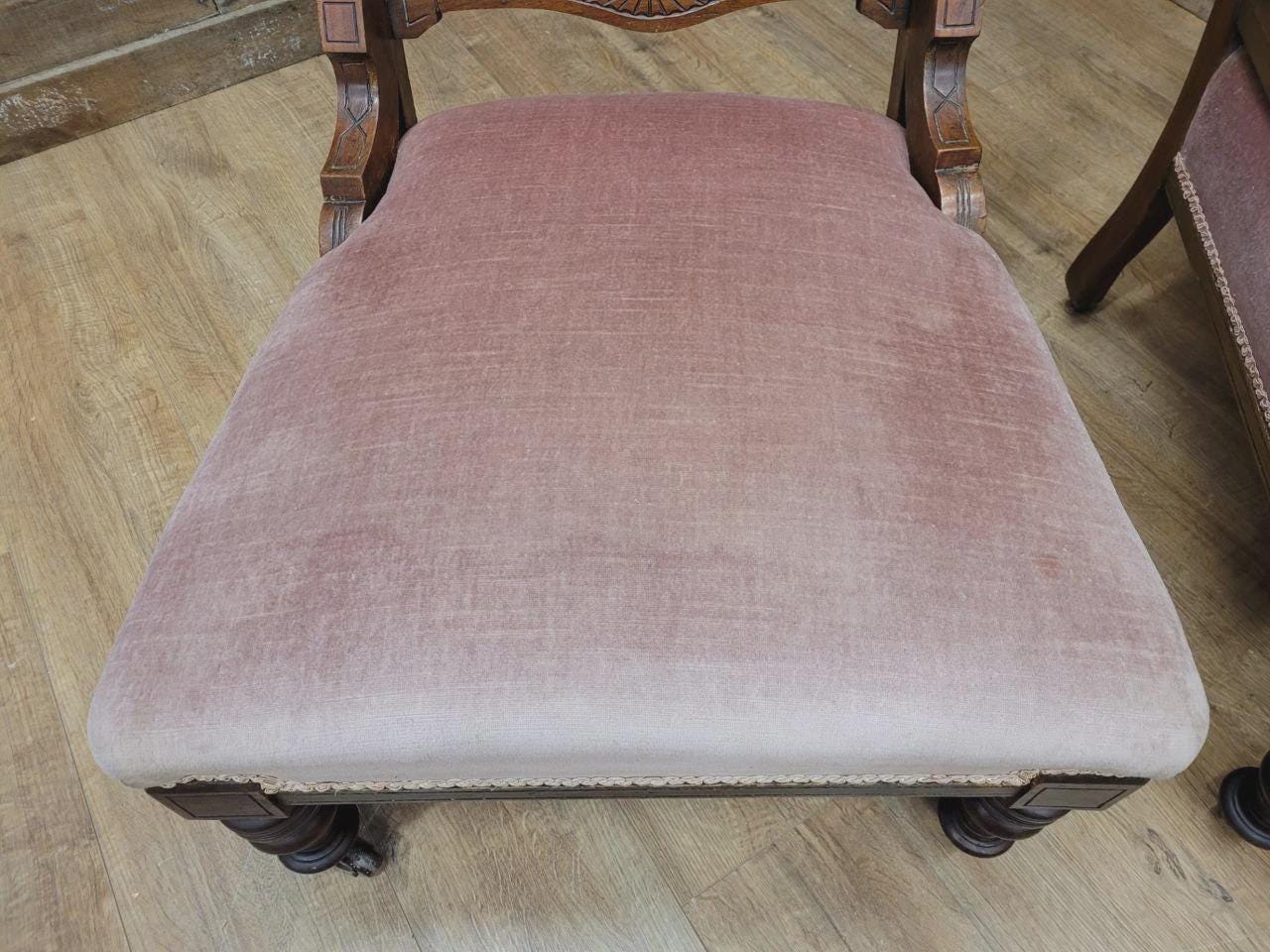 Pair Victorian Walnut Slipper Chairs Carved Frames Turned Legs Castors