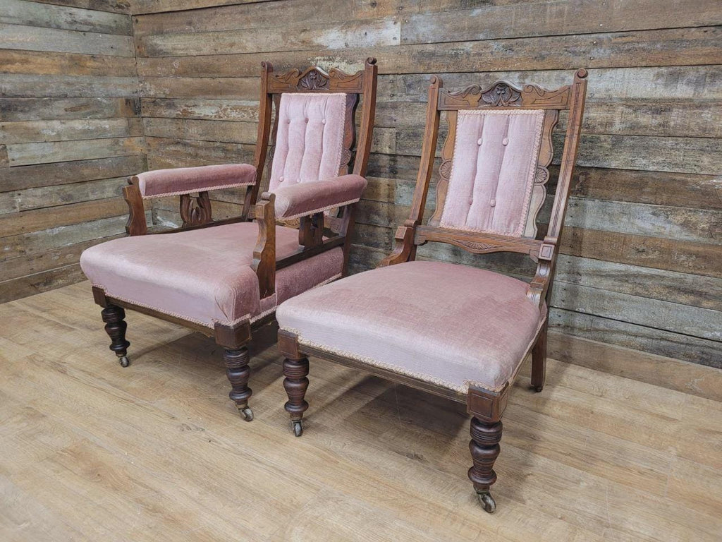 Pair Victorian Walnut Slipper Chairs Carved Frames Turned Legs Castors
