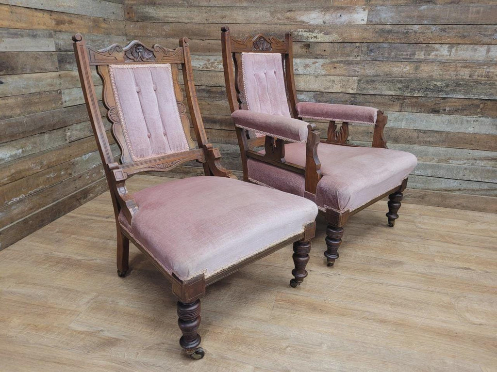 Pair Victorian Walnut Slipper Chairs Carved Frames Turned Legs Castors