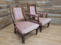 Pair Victorian Walnut Slipper Chairs Carved Frames Turned Legs Castors