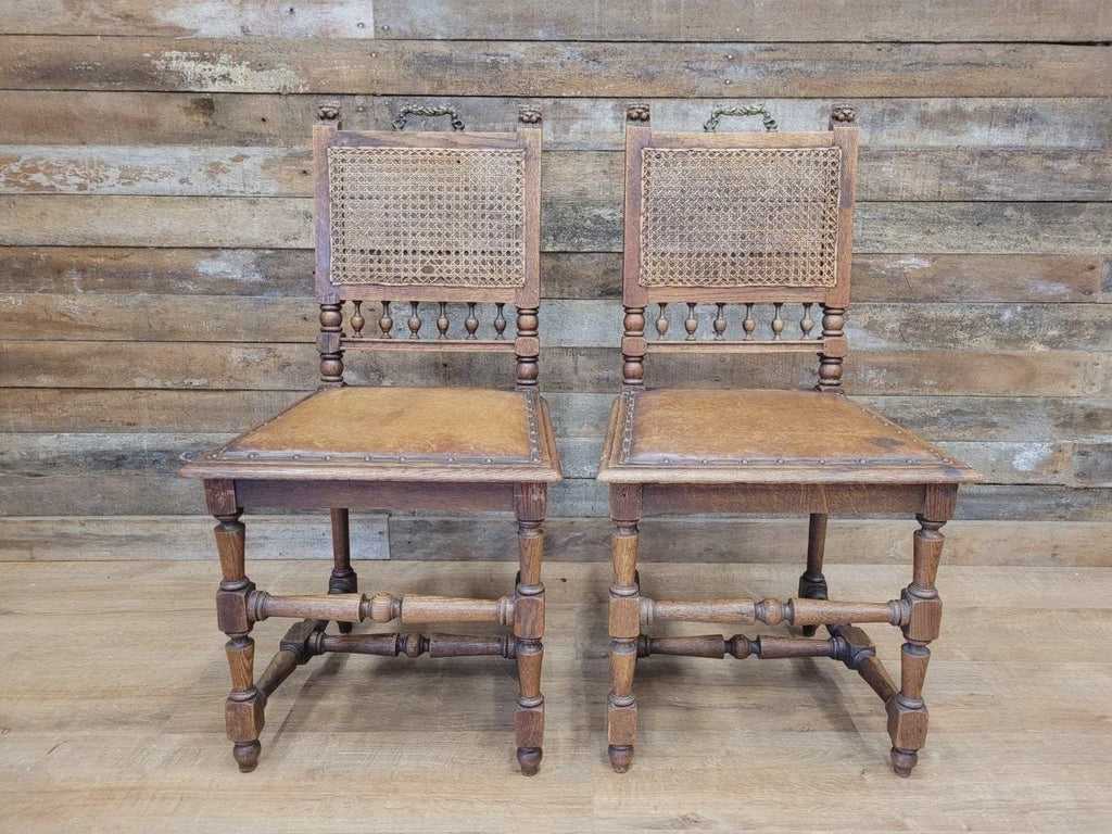 Pair Victorian Oak Dining Chairs Cane Back Leather Seats Carved