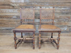 Pair Victorian Oak Dining Chairs Cane Back Leather Seats Carved